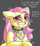  absurd_res begging begging_for_mercy bodily_fluids chain collar dialogue drooling english_text equid equine female feral fluttershy_(mlp) forced friendship_is_magic goth hasbro hi_res horse makeup mammal mascara mascara_tears my_little_pony pony saintmuerte saliva shaking solo tears text 