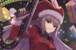  1girl bow braid close-up fate/grand_order fate_(series) florence_nightingale_(fate/grand_order) florence_nightingale_santa_(fate/grand_order) fur-trimmed_headwear gift green_bow gun hat holding holding_weapon janoukyo19 red_eyes santa_costume santa_hat silver_hair sparkle_background weapon 