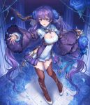  1girl :d absurdres blue_flower blue_rose breasts brown_legwear cleavage cleavage_cutout clothing_cutout detached_sleeves dress flower grey_footwear high_heels highres holding holding_sword holding_weapon large_breasts long_hair long_sleeves looking_at_viewer open_mouth original outstretched_arms petals pigeon-toed purple_hair reverse_grip rose shichigatsu shoes short_dress shrug_(clothing) smile solo spread_arms standing sword thighhighs thorns twintails very_long_hair weapon white_dress wide_sleeves 