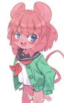  1girl animal_ears blue_eyes blush cardigan furry green_cardigan highres mouse_ears mouse_girl mouse_girl_(yuuki_(yuyuki000)) mouse_tail no_pants open_mouth original panties panty_pull pink_hair pulled_by_self school_uniform serafuku shirt short_hair simple_background smile solo tail underwear undressing white_background white_shirt yuuki_(yuyuki000) 