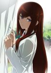  1girl bangs blue_eyes blurry blurry_background brown_hair curtains eyebrows_visible_through_hair from_side hair_between_eyes highres labcoat long_hair long_sleeves makise_kurisu necktie ny0r0ny0r0 open_mouth red_neckwear shiny shiny_hair solo steins;gate straight_hair very_long_hair 