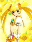  1girl bangs blonde_hair bow choker collarbone commentary_request cowboy_shot crop_top cure_sunshine earrings eyebrows_visible_through_hair flat_chest floral_background flower groin hair_ribbon heart heartcatch_precure! highres jewelry layered_skirt long_hair looking_at_viewer magical_girl midriff navel orange_bow orange_choker orange_skirt parted_lips precure puffy_short_sleeves puffy_sleeves ribbon shirt short_sleeves sidelocks skirt solo standing sunflower twintails unno_hotaru very_long_hair white_shirt white_skirt wrist_cuffs yellow_background yellow_bow yellow_eyes 