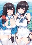  2girls atago_(blue_oath) bangs black_collar black_gloves black_hair blue_jacket blue_neckwear blue_oath blue_ribbon breasts cellphone cleavage collar covered_navel dress eyebrows_visible_through_hair gloves green_jacket green_ribbon hair_ribbon highres holding holding_phone jacket large_breasts long_hair looking_at_viewer multiple_girls necktie off_shoulder open_mouth phone ribbon sailor_collar short_hair side_slit smartphone smile standing sun sunset takao_(blue_oath) thighhighs white_collar white_dress white_legwear white_sailor_collar whoosaku zettai_ryouiki 