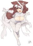  1girl :3 animal_ears bandage_over_one_eye bandages bangs bone_hair_ornament braid breasts brown_eyes brown_hair cartoon_bone cleavage dog_ears dog_girl dog_tail fangs hair_between_eyes hair_ornament hairclip highres hololive inugami_korone large_breasts leaning_forward light_blush long_hair looking_at_viewer low_twin_braids low_twintails mummy mummy_costume naked_bandage nejime outstretched_arms outstretched_hand signature simple_background smile solo tail twin_braids twintails upper_teeth virtual_youtuber white_background 