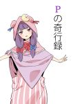  1girl absurdres bow bow_hairband bowtie capelet cloak crescent crescent_moon crescent_moon_pin double_bun hairband highres kawayabug moon outstretched_arms patchouli_knowledge pink_capelet pink_cloak pink_hood purple_eyes purple_hair spread_arms touhou 