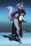  2020 3:2 anthro black_nose blue_body blue_hair breasts canid clothing collar countershading digitigrade female hair hi_res maku_(maku450) mammal navel open_mouth pawpads pulling_underwear purplelemons simple_background smile solo standing underwear white_countershading yellow_eyes 