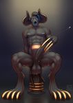  abdominal_bulge anal anthro bodily_fluids claws colored_nails demon genital_fluids genitals glitter hi_res horn lips long_claws longblueclaw male muscular muscular_anthro muscular_male nails penis precum precum_drip solo 