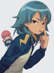  2boys akanbe brown_eyes character_request check_character closed_mouth commentary_request crossed_arms frown green_eyes green_hair grey_background hair_between_eyes highres inazuma_eleven_(series) inazuma_eleven_go jacket kariya_masaki kirino_ranmaru long_hair long_sleeves looking_at_viewer male_focus multiple_boys pink_hair sayshownen simple_background tongue tongue_out track_jacket twintails upper_body 