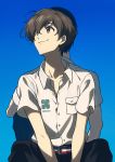  2boys :3 back-to-back black_pants blue_background blue_eyes brown_hair buttons closed_mouth collared_shirt commentary_request dress_shirt highres looking_to_the_side looking_up male_focus multiple_boys nine_(zankyou_no_terror) pants sayshownen school_uniform shirt shirt_tucked_in short_hair simple_background sitting twelve_(zankyou_no_terror) white_shirt zankyou_no_terror 