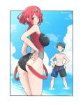  1boy 1girl :o ass bangs black_swimsuit blush breasts competition_swimsuit from_behind highres large_breasts looking_back male_swimwear mochimochi_(xseynao) one-piece_swimsuit pyra_(xenoblade) red_eyes red_hair shirtless short_hair swept_bangs swim_trunks swimsuit swimwear tiara xenoblade_chronicles_(series) xenoblade_chronicles_2 