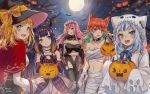  5girls alternate_costume animal_ears aqua_hair bandages basket belt_collar black_gloves blonde_hair blue_eyes blue_hair breasts candy cleavage clothing_cutout collar elbow_gloves fang food fur_collar gawr_gura ghost_costume gloves gradient_hair halloween_costume highres hololive hololive_english jack-o&#039;-lantern midriff moon mori_calliope multicolored_hair multiple_girls navel navel_cutout night ninomae_ina&#039;nis open_mouth orange_hair pink_hair purple_eyes purple_hair red_eyes sharp_teeth smile takanashi_kiara teeth ten-chan_(eternal_s) tongue tongue_out vampire_costume watson_amelia wolf_ears 