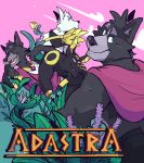  2020 adastra adastra_(series) amicus_(adastra) anthro biped black_body black_fur black_nose blue_eyes bracelet canid canine canis cassius_(adastra) claws clothed clothing digital_drawing_(artwork) digital_media_(artwork) echo_project english_text fur grey_body grey_fur group haps hi_res jackal jewelry looking_at_viewer male mammal multicolored_body multicolored_fur neferu_(adastra) official_art pink_background simple_background text two_tone_body two_tone_fur video_games virginia_(adastra) visual_novel white_body white_fur wolf yellow_body yellow_fur 