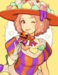  1girl alternate_costume brown_hair halloween halloween_costume hat heart highres jivke looking_at_viewer md5_mismatch okumura_haru one_eye_closed persona persona_5 pumpkin sparkle tongue tongue_out 