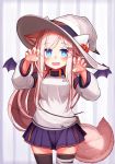  1girl :d animal_ear_fluff animal_ears animal_hat bandaged_leg bandages bangs bat_wings black_legwear blue_eyes blush breasts brown_hair claw_pose commentary_request detached_sleeves eyebrows_visible_through_hair fake_animal_ears fang fox_ears fox_girl fox_tail hair_ornament hairclip hands_up hat highres long_hair long_sleeves medium_breasts mini_wings open_mouth original pleated_skirt puffy_long_sleeves puffy_sleeves purple_skirt purple_wings reitou_mikan shirt skirt sleeveless sleeveless_shirt smile solo standing tail thighhighs very_long_hair white_headwear white_shirt white_sleeves wings witch_hat 