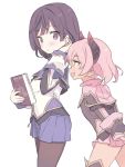  2girls :d bangs black_hair black_jacket blade_(galaxist) blush book brown_eyes brown_legwear commentary_request curled_horns demon_horns eyebrows_visible_through_hair hair_between_eyes hand_up holding holding_book horns jacket long_sleeves multiple_girls open_mouth pantyhose pink_hair pink_skirt pleated_skirt pop-up_story profile purple_skirt revia_serge shirt simple_background skirt sleeves_past_wrists smile ursula_raiment white_background white_shirt 