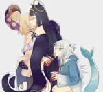  3girls black_hair blonde_hair blue_eyes closed_eyes commission drink drinking drinking_straw_in_mouth english_commentary fish_tail gawr_gura grey_background halo holding holding_drink hololive hololive_english hood hoodie hug kiss long_hair medium_hair multiple_girls ninomae_ina&#039;nis shark_tail shion_(hachuumemhoe) squatting tail tentacles two_side_up virtual_youtuber watson_amelia white_hair yuri 
