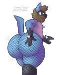  2020 anthro big_butt blue_body bottomwear brown_hair bubble_butt butt canid canine clothed clothing cole_(colelucario) colelucario digital_media_(artwork) english_text fishnet hair hand_on_butt hi_res huge_butt looking_back lucario male mammal nintendo pants pok&eacute;mon pok&eacute;mon_(species) rear_view shirt simple_background smile solo standing text thick_thighs topless topwear video_games white_background wide_hips 