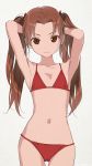  1girl absurdres akagi_(fmttps) armpits arms_up artist_name bangs bikini black_ribbon brown_eyes brown_hair closed_mouth commentary cowboy_shot flat_chest girls_und_panzer grey_background hair_ribbon hands_in_hair highres kadotani_anzu light_smile long_hair looking_at_viewer navel parted_bangs red_bikini ribbon solo standing string_bikini swimsuit twintails twitter_username 