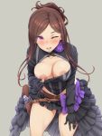  1girl belt black_gloves blush breasts brown_hair cleavage dorothy_(princess_principal) gloves gun handgun holding long_hair medium_breasts nipples one_breast_out one_eye_closed ponytail princess_principal purple_eyes revolver shikuta_maru skirt smile solo weapon 