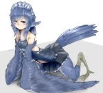  1girl all_fours alternate_costume animal_ears bird_ears bird_legs bird_tail bird_wings blue_feathers blue_hair blue_wings digitigrade enmaided eyebrows_visible_through_hair feathered_wings feathers grey_eyes harpy head_feathers maid maid_headdress miura_(rnd.jpg) monster_girl original rnd.jpg solo talons twitter_username winged_arms wings 