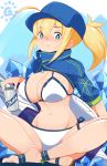  1girl ahoge artoria_pendragon_(all) bangs baseball_cap bikini blonde_hair blue_eyes blue_headwear blue_jacket blush breasts can cleavage cropped_jacket fate/grand_order fate_(series) hair_between_eyes hair_through_headwear hat highres indian_style jacket jellcaps lance large_breasts legs long_hair looking_at_viewer mysterious_heroine_xx_(foreigner) navel polearm ponytail shrug_(clothing) sidelocks sitting smile swimsuit thigh_strap twinmyniad weapon white_bikini wristband 
