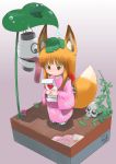  1girl 3others absurdres animal_ear_fluff animal_ears bangs black_eyes blush chouchin_obake closed_mouth commentary_request dated dirt eyebrows_visible_through_hair flower flower_request fox_ears fox_tail frog geta gradient gradient_background grass heart highres holding holding_flower japanese_clothes kimono lantern leaf leaf_on_head leaf_print leaf_umbrella long_hair long_sleeves long_tongue looking_at_another multiple_others obi oonuma_hiroshi orange_hair original paper_lantern pink_kimono plant print_kimono sash short_eyebrows signature simple_background skull solo_focus standing tail thick_eyebrows tongue tongue_out yellow_eyes youkai 
