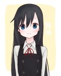  1girl asashio_(kantai_collection) bangs black_dress black_hair blue_eyes collared_shirt dress kantai_collection long_hair long_sleeves neck_ribbon pinafore_dress red_ribbon ribbon shirt smile solo spica1476 upper_body white_shirt 