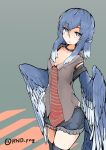  1girl animal_ears bird_ears bird_tail bird_wings blue_feathers blue_hair blue_wings choker eyebrows_visible_through_hair feathered_wings feathers grey_eyes grin harpy head_feathers jacket miura_(rnd.jpg) monster_girl original rnd.jpg sleeveless sleeveless_jacket smile solo striped twitter_username winged_arms wings 