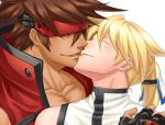  2boys bandana blonde_hair brown_hair closed_eyes guilty_gear imminent_kiss ky_kiske multiple_boys sol_badguy yaoi yumeoti 