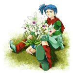  1girl :d blue_hair closed_eyes facing_viewer flower grass green_footwear hands_together open_mouth outdoors pin_karo pouch rag_uralo red_legwear red_scarf scarf sentou_mecha_xabungle short_hair short_ponytail short_sleeves side_ponytail sitting smile solo white_background wristband 