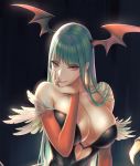  1girl bangs bare_shoulders breasts cleavage clenched_teeth commentary_request fang fujii_eishun green_hair head_wings large_breasts lips long_hair morrigan_aensland red_eyes solo teeth upper_body vampire_(game) 