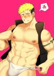  1boy abs absurdres alternate_costume bara bare_arms bare_chest bare_shoulders black_hair blonde_hair blush brown_hair bulge character_request chest clayten fundoshi highres japanese_clothes male_focus multicolored_hair muscle navel nipples open_clothes red_eyes scar scar_across_eye short_hair sideburns simple_background sleeveless solo tattoo thick_thighs thighs tokyo_houkago_summoners undressing upper_body 