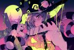  1girl absurdres breast_press breasts cross full_moon green_eyes halloween hat heart heart-shaped_pupils highres horns jack-o&#039;-lantern karasu_raven long_hair looking_at_viewer medium_breasts moon necktie original pumpkin slime solo striped_tail symbol-shaped_pupils tail witch_hat 