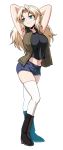  1girl absurdres adapted_costume arms_behind_head arms_up black_footwear black_shirt blonde_hair blue_eyes blue_shorts boots brown_jacket commentary denim denim_shorts full_body girls_und_panzer grin hair_intakes highres jacket kamishima_kanon kay_(girls_und_panzer) long_hair looking_to_the_side micro_shorts midriff military military_uniform navel open_mouth saunders_military_uniform shirt shorts simple_background skindentation sleeveless sleeveless_jacket smile solo standing thighhighs uniform white_background white_legwear 