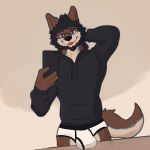  absurd_res anthro black_clothing black_hoodie black_topwear briefs bulge canid canine canis clothing domestic_dog drawyourfursona fuzzyglow hi_res hoodie hoodie/briefs_meme male mammal meme meme_clothing simple_background solo standing topwear underwear white_clothing white_underwear 