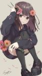  1girl bangs black_footwear black_hoodie black_legwear blush brown_hair convenient_leg flower hand_up highres holding hood hoodie looking_at_viewer medium_hair nanase_kurumi_(menhera-chan) original petals pomu shoes signature simple_background sitting smile solo thighhighs 