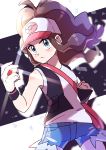  1girl absurdres aqua_eyes bag baseball_cap black_vest black_wristband blush brown_hair clenched_hand closed_mouth commentary_request cowboy_shot denim denim_shorts floating_hair hat high_ponytail highres hilda_(pokemon) holding holding_poke_ball long_hair looking_to_the_side poke_ball poke_ball_(basic) pokemon pokemon_(game) pokemon_bw pon_yui shirt short_shorts shorts shoulder_bag sidelocks sleeveless sleeveless_shirt solo two-tone_headwear v-shaped_eyebrows vest white_shirt wristband 