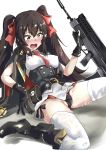  1girl black_hair black_panties blush boots bow bullpup combat_boots covered_nipples fingerless_gloves girls_frontline gloves gun hair_bow holding holding_gun holding_weapon implied_after_sex long_hair necktie open_mouth panties pantyshot qbz-97 qbz-97_(girls_frontline) shin_ichi_(zenshuu_bougyo) side-tie_panties solo suggestive_fluid thighhighs twintails underwear very_long_hair weapon white_background 