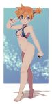  1girl barefoot bikini bikini_top blue_bikini blue_eyes bottomless breasts criss-cross_halter full_body halterneck highres holding holding_poke_ball lamb-oic029 legs looking_at_viewer medium_breasts misty_(pokemon) navel orange_hair poke_ball poke_ball_(basic) pokemon pokemon_(anime) pokemon_(classic_anime) short_hair side_ponytail smile solo standing swimsuit toes v 