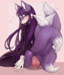  ambiguous_fluids anthro blush canid canine clothing dildo dildo_sitting dipstick_tail fluffy fluffy_ears fluffy_tail fox grey_eyes hair hi_res latex_clothing long_hair looking_back male mammal miko_(snowweaver) multi_tail multicolored_tail penetration purple_body purple_hair reverse_bunny_costume rorarom rubber rubber_suit sex_toy sitting smile solo 