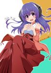  1girl 2020 blush copyright_name dated fingers_together hands_clasped hanyuu highres higurashi_no_naku_koro_ni horns japanese_clothes long_hair looking_at_viewer miko official_style open_mouth own_hands_together purple_eyes purple_hair simple_background smile solo tsuji643163271 