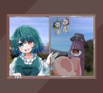  1girl absurdres against_glass bangs black_headwear blue_eyes blue_hair blue_nails blue_ribbon blue_vest blurry blurry_background blush bow brown_eyes cloud collar commentary_request fingernails frilled_bow frilled_collar frilled_hat frilled_sleeves frills glass gohei hair_between_eyes hakurei_reimu hand_on_window happy hat heart heart_in_eye heterochromia highres juliet_sleeves karakasa_obake kirisame_marisa long_sleeves looking_at_viewer mismatched_nail_polish mountain nail_polish open_mouth open_window opening_window pink_nails puffy_sleeves red_bow red_eyes ribbon salt_(seasoning) shirt short_hair sky sleeve_ribbon solo standing string symbol_in_eye tatara_kogasa teruterubouzu tongue touhou tree umbrella upper_body upper_teeth vest white_shirt window witch_hat yellow_eyes yellow_ribbon 