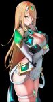  1girl amano_don armor black_background blonde_hair breasts cleavage covered_navel cowboy_shot dress earrings from_side hair_ornament highres jewelry large_breasts long_hair looking_at_viewer looking_to_the_side mythra_(xenoblade) necklace pauldrons short_dress shoulder_armor skindentation solo thigh_strap thighs tiara white_dress xenoblade_chronicles_(series) xenoblade_chronicles_2 yellow_eyes 