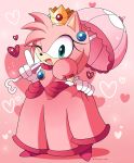  &lt;3 2020 absurd_res amy_rose anthro biped clothing cosplay crossover crossover_cosplay crown digital_media_(artwork) domestic_maid dress eulipotyphlan female fur gesture gloves green_eyes handwear headgear headwear hedgehog hi_res holding_object lipstick makeup mammal mario_bros nintendo one_eye_closed open_mouth open_smile parasol pink_background pink_body pink_clothing pink_dress pink_fur princess_peach signature simple_background smile solo sonic_the_hedgehog_(series) standing v_sign video_games white_clothing white_gloves wink 
