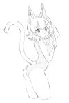  1girl :3 absurdres alternate_costume animal_ear_fluff animal_ears arm_between_breasts arm_up ass bangs between_breasts breasts caracal_(kemono_friends) caracal_ears caracal_tail clenched_hand cowboy_shot cropped_legs drying drying_hair extra_ears eyebrows_visible_through_hair from_side greyscale hair_between_eyes hand_up highres holding holding_towel kemono_friends kona_ming looking_at_viewer looking_to_the_side medium_breasts monochrome one-piece_swimsuit open_mouth short_hair sidelocks simple_background sketch smile solo swimsuit tail tail_raised thick_thighs thighs towel wet white_background 