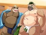  2020 4:3 anthro ashigara asian_clothing belly brown_body brown_fur bulge canid canine canis clothing domestic_dog duo east_asian_clothing fundoshi fur happi_(clothing) hi_res japanese_clothing kemono kuroamekemo male mammal moobs nipples overweight overweight_male scar tokyo_afterschool_summoners underwear undressing ursid video_games yasuyori 