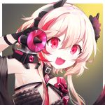  1girl :d armpits bangs black_dress black_gloves blonde_hair commentary_request dinergate_(girls_frontline) dress eyebrows_visible_through_hair fang flower girls_frontline gloves hair_between_eyes hair_flower hair_ornament happy headgear jin2 m4_sopmod_ii_(girls_frontline) megaphone multicolored_hair official_alternate_costume open_mouth red_eyes ro635_(dinergate) smile solo streaked_hair 