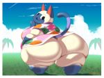  4:3 absurd_res animal_crossing anthro big_breasts big_butt blue_body blue_fur blue_tail blush bottomless breasts butt butt_focus clothed clothing domestic_cat felid feline felis female fur hi_res huge_butt hyper hyper_butt looking_back mammal mitzi_(animal_crossing) nintendo obese obese_anthro obese_female outside overweight overweight_anthro overweight_female smile tree video_games white_body white_fur yosioka_san 