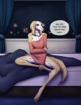  2020 aggressive_retsuko anthro bedroom bedroom_eyes breasts brown_eyes canid canine canis cleavage clothed clothing digital_media_(artwork) domestic_dog english_text female fur hi_res hunting_dog inui_(aggressive_retsuko) mammal narrowed_eyes pinup pose saluki saluki_hound sanrio seductive sighthound solo sweater text topwear white_body white_fur wolfpsalm yellow_body yellow_fur 