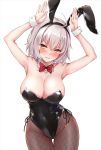  1girl ahoge animal_ears armpits arms_up bangs black_leotard blush breasts bunny_ears cleavage covered_navel detached_collar fake_animal_ears fate/grand_order fate_(series) fishnet_legwear fishnets jeanne_d&#039;arc_(alter)_(fate) jeanne_d&#039;arc_(fate)_(all) large_breasts leotard looking_at_viewer marisasu_(marisa0904) pantyhose playboy_bunny short_hair silver_hair simple_background strapless strapless_leotard thighs white_background wrist_cuffs yellow_eyes 
